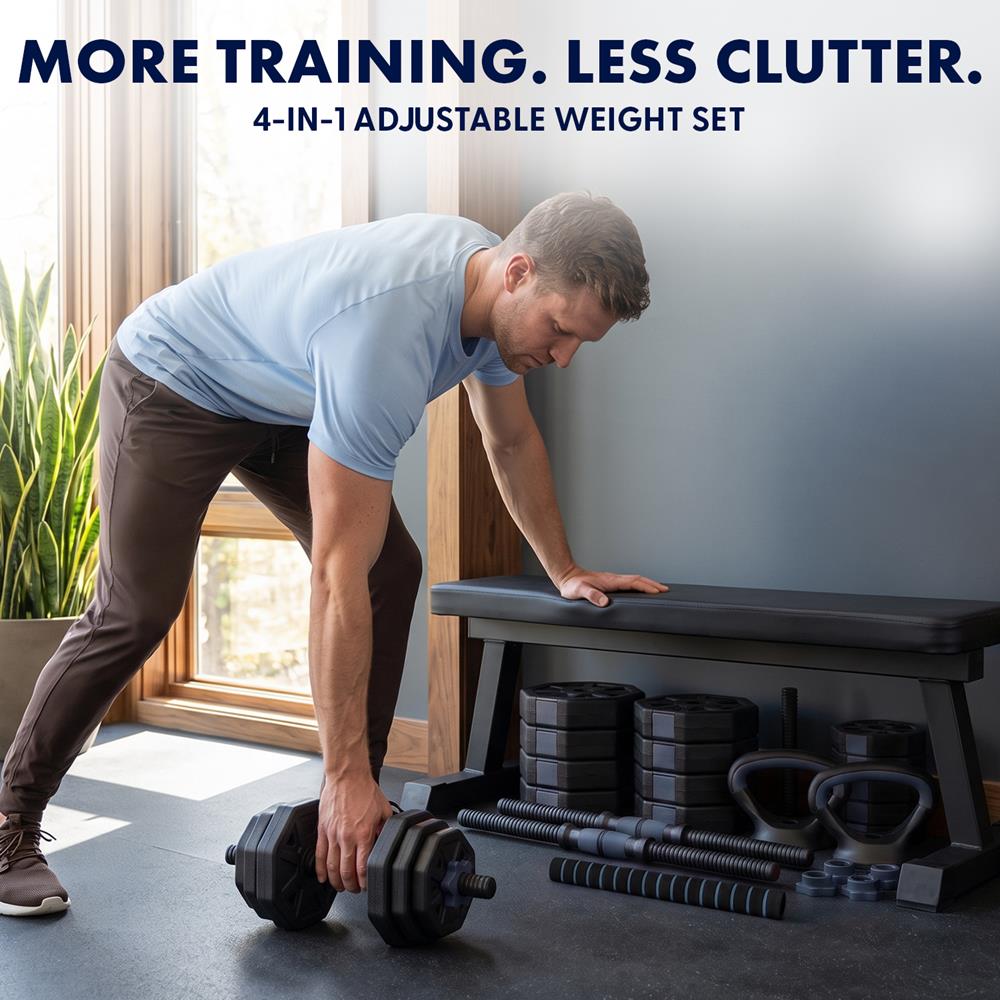 Squatz 4-In-1 Multifunctional 70 Lb Adjustable Octagon Dumbbell Set With Barbell Connector, Kettlebell Handle, And Push-Up Handles For Home Gym Strength Training (Black And Navy)