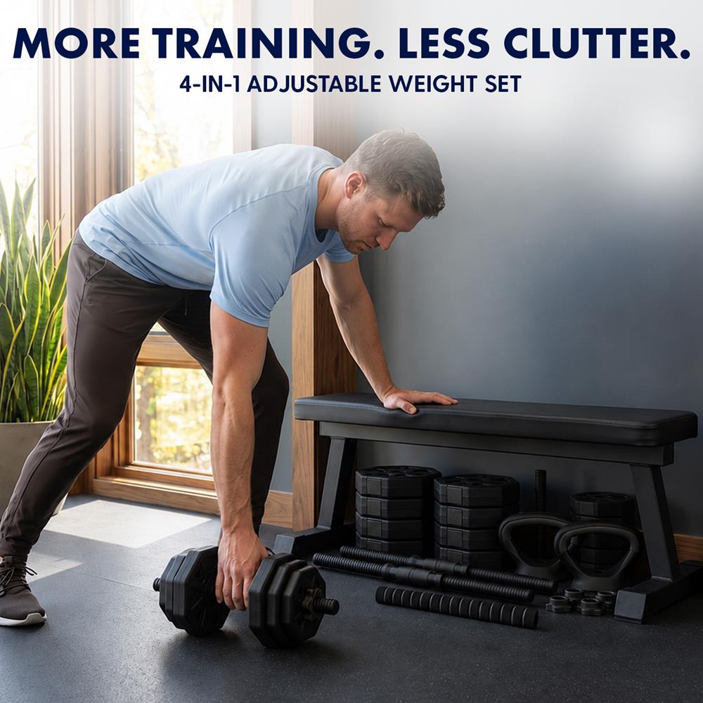 Squatz 4-In-1 Multifunctional 90 Lbs Adjustable Octagon Dumbbell Set With Barbell Connector, Kettlebell Handle, And Push-Up Handles For Home Gym Strength Training (Black)