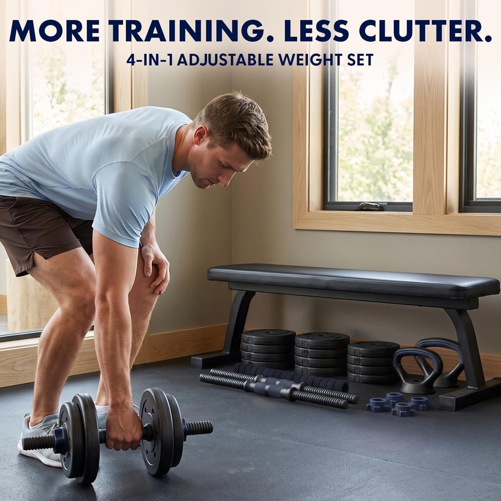 Squatz 4-In-1 Multifunctional 45 Lbs Adjustable Dumbbell Set With Barbell Connector, Kettlebell Handle And Push-Up Handles For Home Gym Strength Training (Black And Navy)