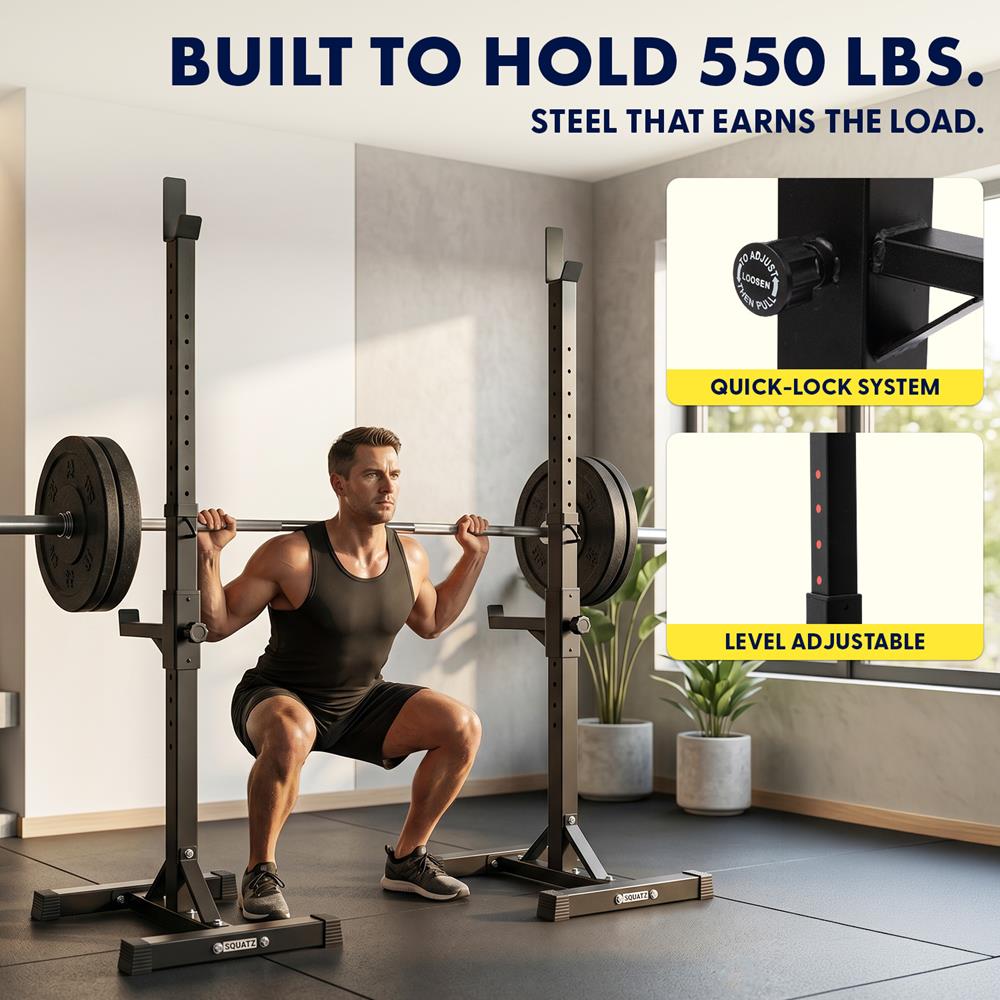 Squatz Barbell And Bench Press Rack - Heavy-Duty Adjustable Barbell And Bench Press Rack Stand With Multi-Height Settings For Home Gym Strength Training And Weightlifting Workouts