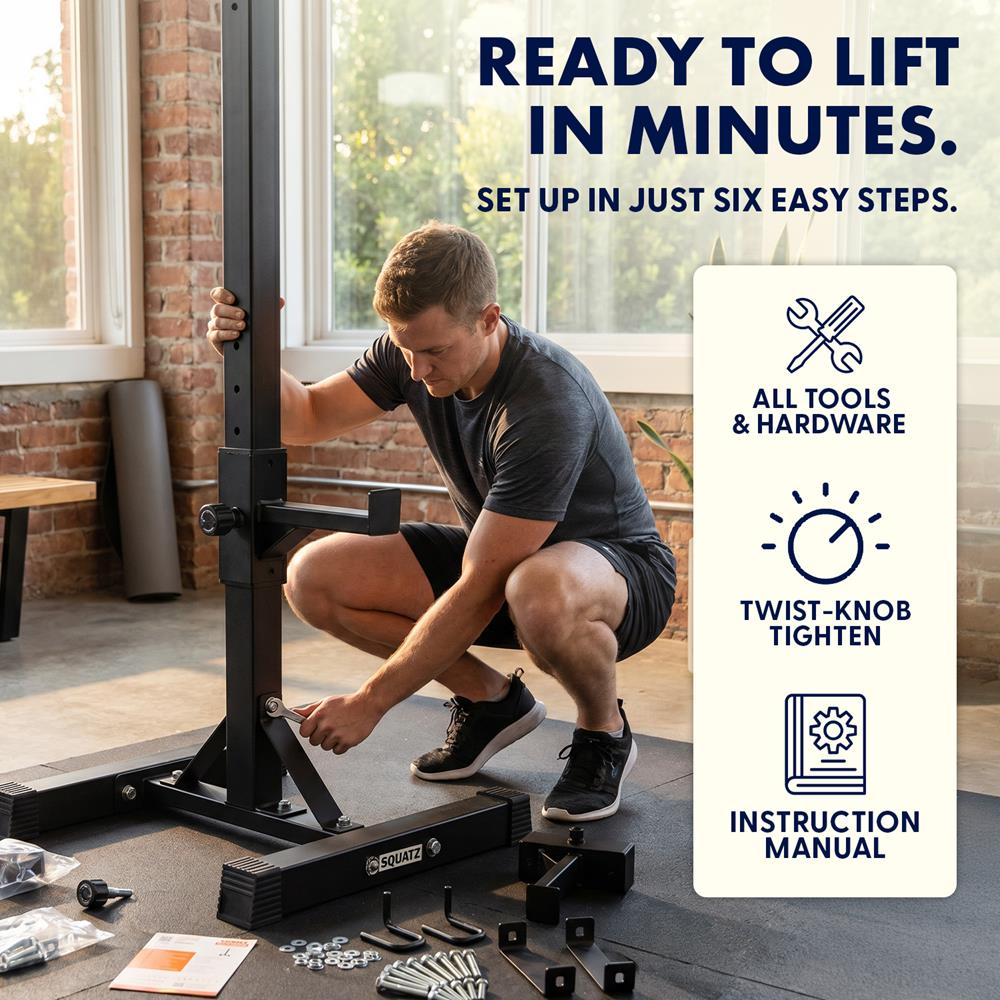 Squatz Barbell And Bench Press Rack - Heavy-Duty Adjustable Barbell And Bench Press Rack Stand With Multi-Height Settings For Home Gym Strength Training And Weightlifting Workouts