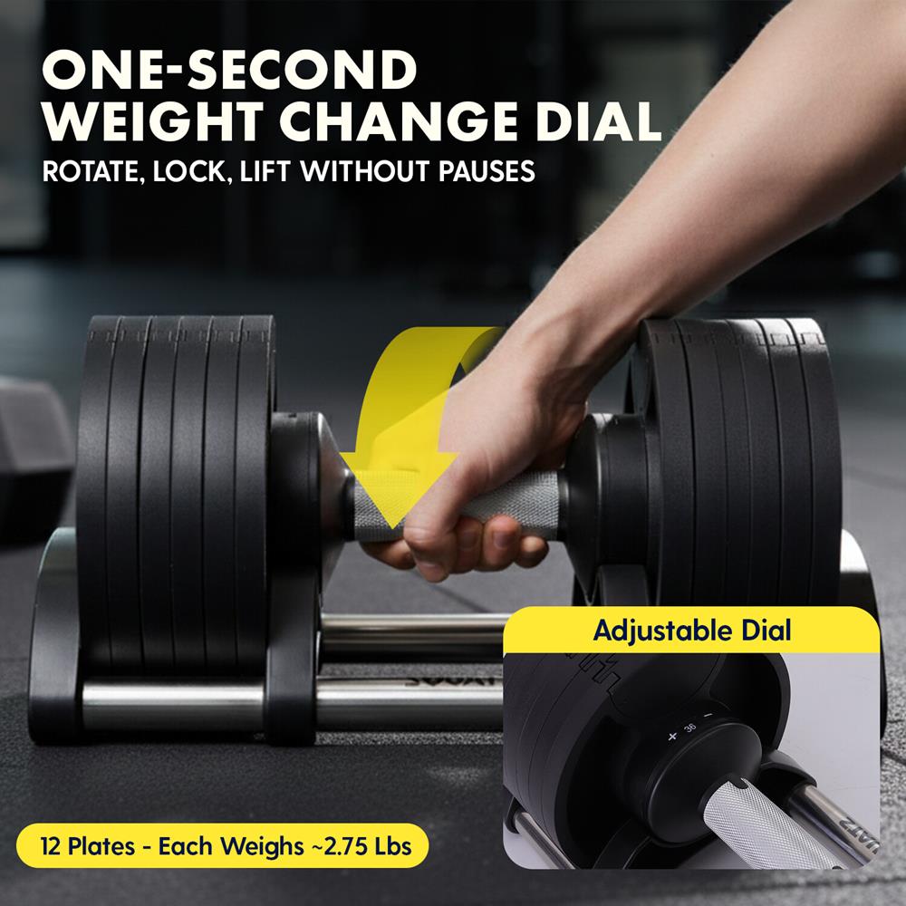 Squatz 45-Lb. Adjustable Dumbbell Weight Set - With Quick Plate Adjustment And Anti-Slip Handle Perfect For Home Workout, Gym & Strength Training For Men & Women (Black)