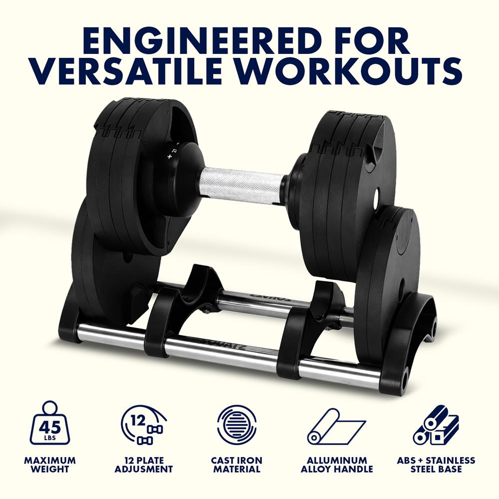 Squatz 45-Lb. Adjustable Dumbbell Weight Set - With Quick Plate Adjustment And Anti-Slip Handle Perfect For Home Workout, Gym & Strength Training For Men & Women (Black)
