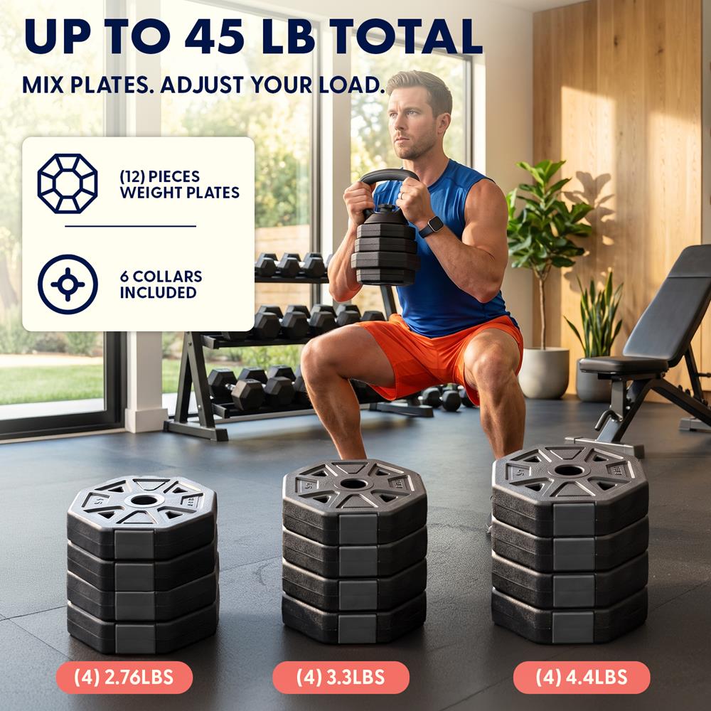 Squatz 4-In-1 Multifunctional 45 Lbs Adjustable Octagon Dumbbell Set With Barbell Connector, Kettlebell Handle, And Push-Up Handles For Home Gym Strength Training (Black)