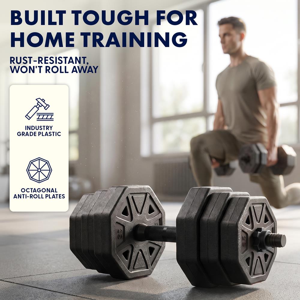 Squatz 4-In-1 Multifunctional 45 Lbs Adjustable Octagon Dumbbell Set With Barbell Connector, Kettlebell Handle, And Push-Up Handles For Home Gym Strength Training (Black)