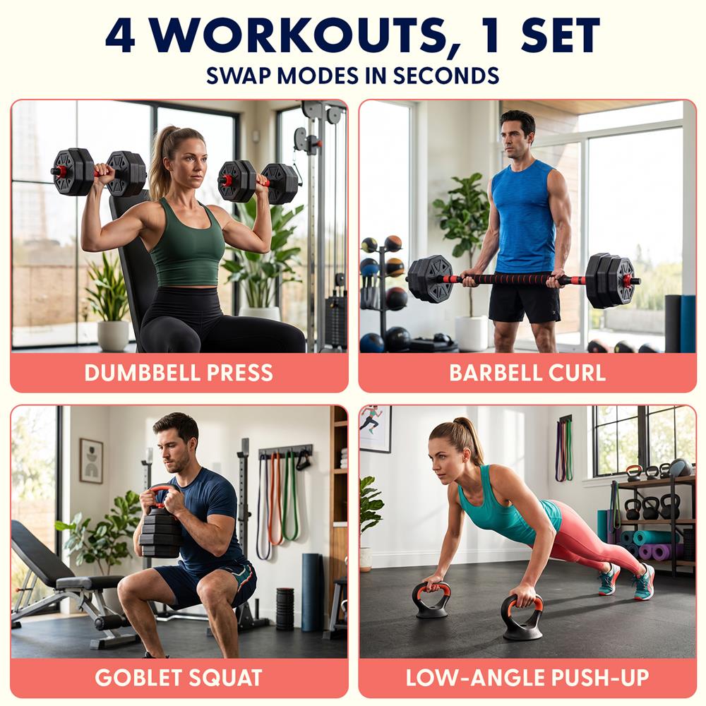 Squatz 4-In-1 Multifunctional 45 Lbs Adjustable Octagon Dumbbell Set With Barbell Connector, Kettlebell Handle, And Push-Up Handles For Home Gym Strength Training (Black And Red)