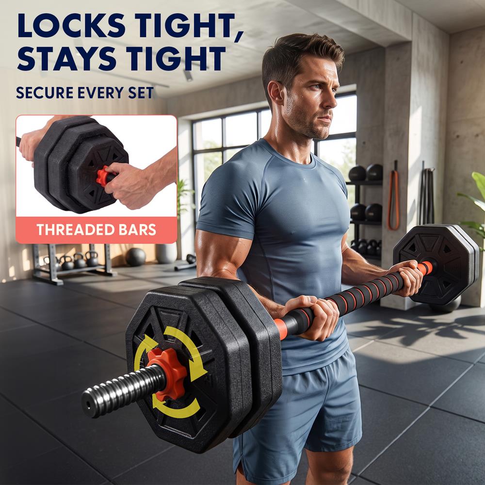 Squatz 4-In-1 Multifunctional 45 Lbs Adjustable Octagon Dumbbell Set With Barbell Connector, Kettlebell Handle, And Push-Up Handles For Home Gym Strength Training (Black And Red)