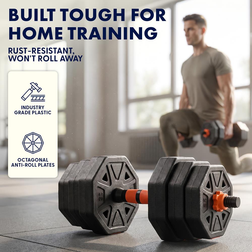 Squatz 4-In-1 Multifunctional 45 Lbs Adjustable Octagon Dumbbell Set With Barbell Connector, Kettlebell Handle, And Push-Up Handles For Home Gym Strength Training (Black And Red)