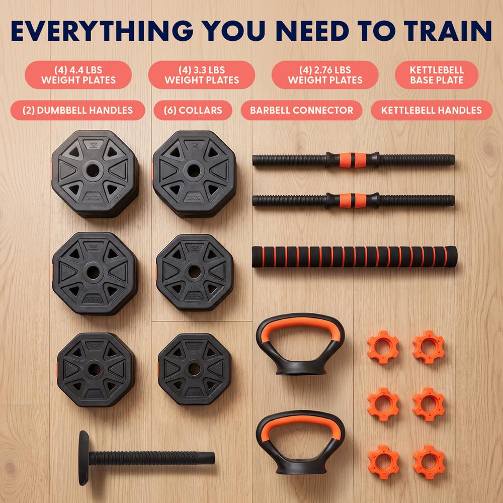 Squatz 4-In-1 Multifunctional 45 Lbs Adjustable Octagon Dumbbell Set With Barbell Connector, Kettlebell Handle, And Push-Up Handles For Home Gym Strength Training (Black And Red)