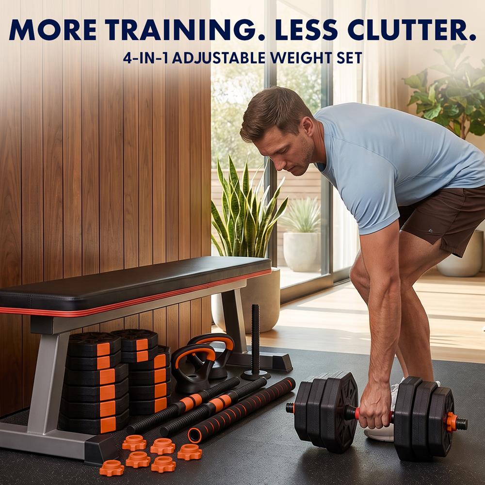 Squatz 4-In-1 Multifunctional 45 Lbs Adjustable Octagon Dumbbell Set With Barbell Connector, Kettlebell Handle, And Push-Up Handles For Home Gym Strength Training (Black And Red)