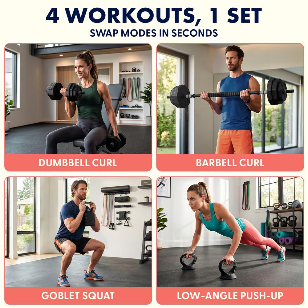 Squatz 4-In-1 Multifunctional 70 Lb Adjustable Octagon Dumbbell Set With Barbell Connector, Kettlebell Handle, And Push-Up Handles For Home Gym Strength Training (Black)