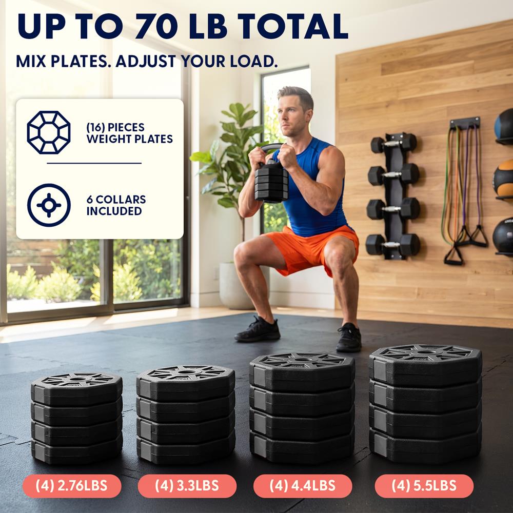 Squatz 4-In-1 Multifunctional 70 Lb Adjustable Octagon Dumbbell Set With Barbell Connector, Kettlebell Handle, And Push-Up Handles For Home Gym Strength Training (Black)