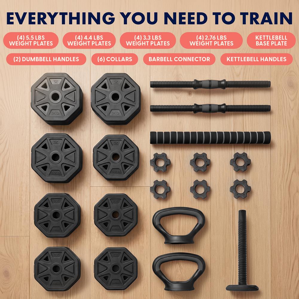 Squatz 4-In-1 Multifunctional 70 Lb Adjustable Octagon Dumbbell Set With Barbell Connector, Kettlebell Handle, And Push-Up Handles For Home Gym Strength Training (Black)