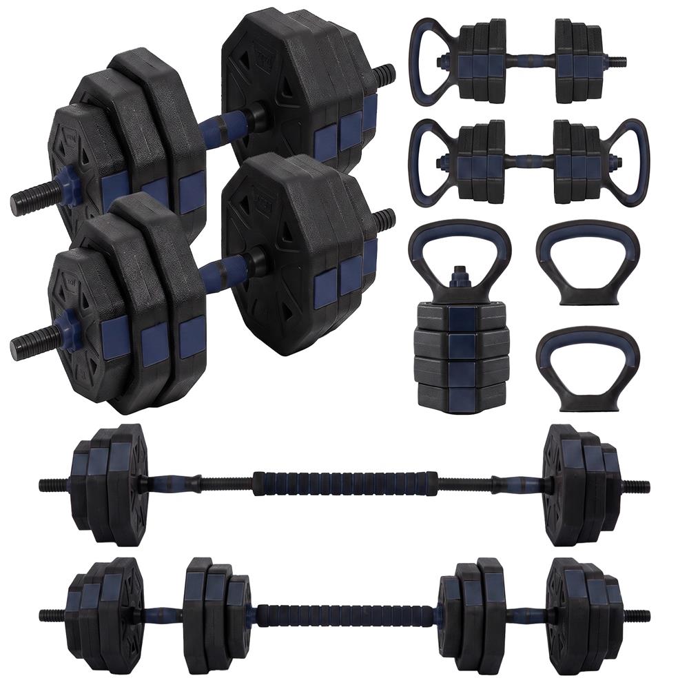 Squatz 4-In-1 Multifunctional 70 Lb Adjustable Octagon Dumbbell Set With Barbell Connector, Kettlebell Handle, And Push-Up Handles For Home Gym Strength Training (Black And Navy)