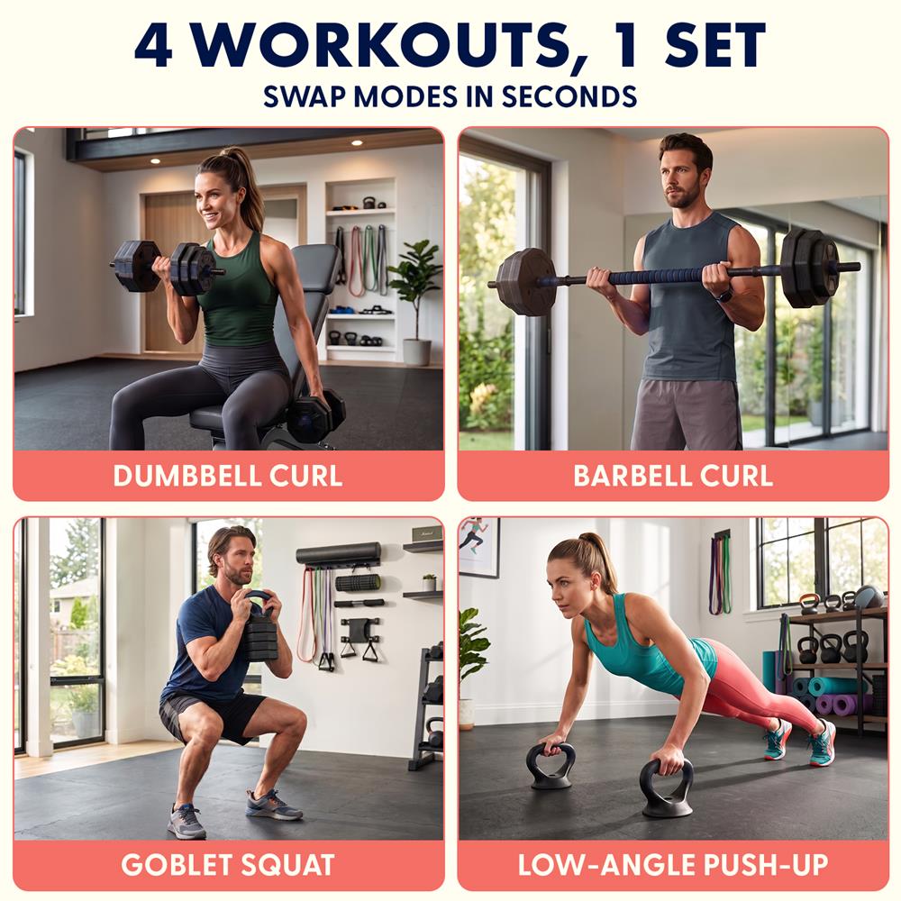 Squatz 4-In-1 Multifunctional 70 Lb Adjustable Octagon Dumbbell Set With Barbell Connector, Kettlebell Handle, And Push-Up Handles For Home Gym Strength Training (Black And Navy)