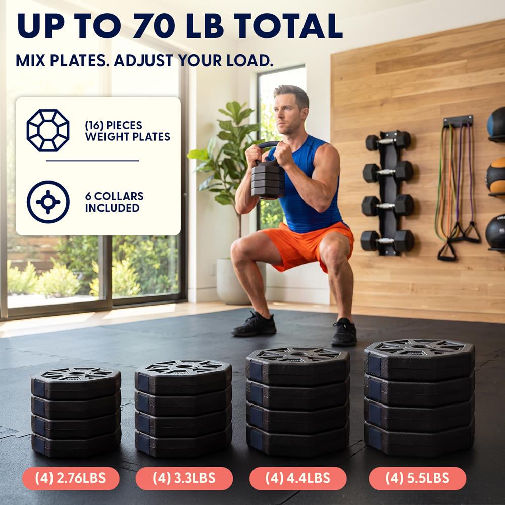 Squatz 4-In-1 Multifunctional 70 Lb Adjustable Octagon Dumbbell Set With Barbell Connector, Kettlebell Handle, And Push-Up Handles For Home Gym Strength Training (Black And Navy)
