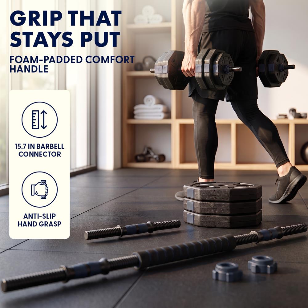 Squatz 4-In-1 Multifunctional 70 Lb Adjustable Octagon Dumbbell Set With Barbell Connector, Kettlebell Handle, And Push-Up Handles For Home Gym Strength Training (Black And Navy)