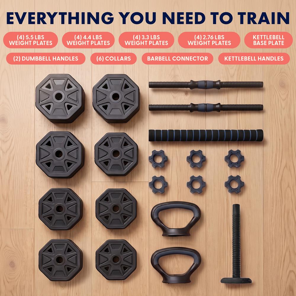 Squatz 4-In-1 Multifunctional 70 Lb Adjustable Octagon Dumbbell Set With Barbell Connector, Kettlebell Handle, And Push-Up Handles For Home Gym Strength Training (Black And Navy)