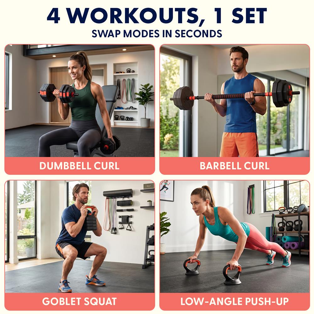 Squatz 4-In-1 Multifunctional 70 Lbs Adjustable Octagon Dumbbell Set With Barbell Connector, Kettlebell Handle, And Push-Up Handles For Home Gym Strength Training (Black And Red)