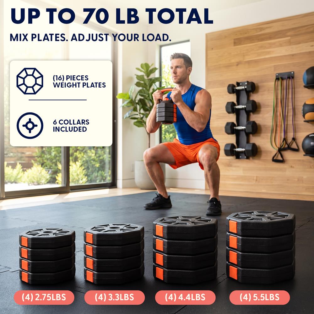 Squatz 4-In-1 Multifunctional 70 Lbs Adjustable Octagon Dumbbell Set With Barbell Connector, Kettlebell Handle, And Push-Up Handles For Home Gym Strength Training (Black And Red)