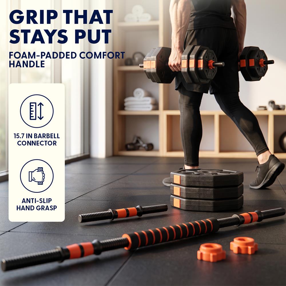 Squatz 4-In-1 Multifunctional 70 Lbs Adjustable Octagon Dumbbell Set With Barbell Connector, Kettlebell Handle, And Push-Up Handles For Home Gym Strength Training (Black And Red)