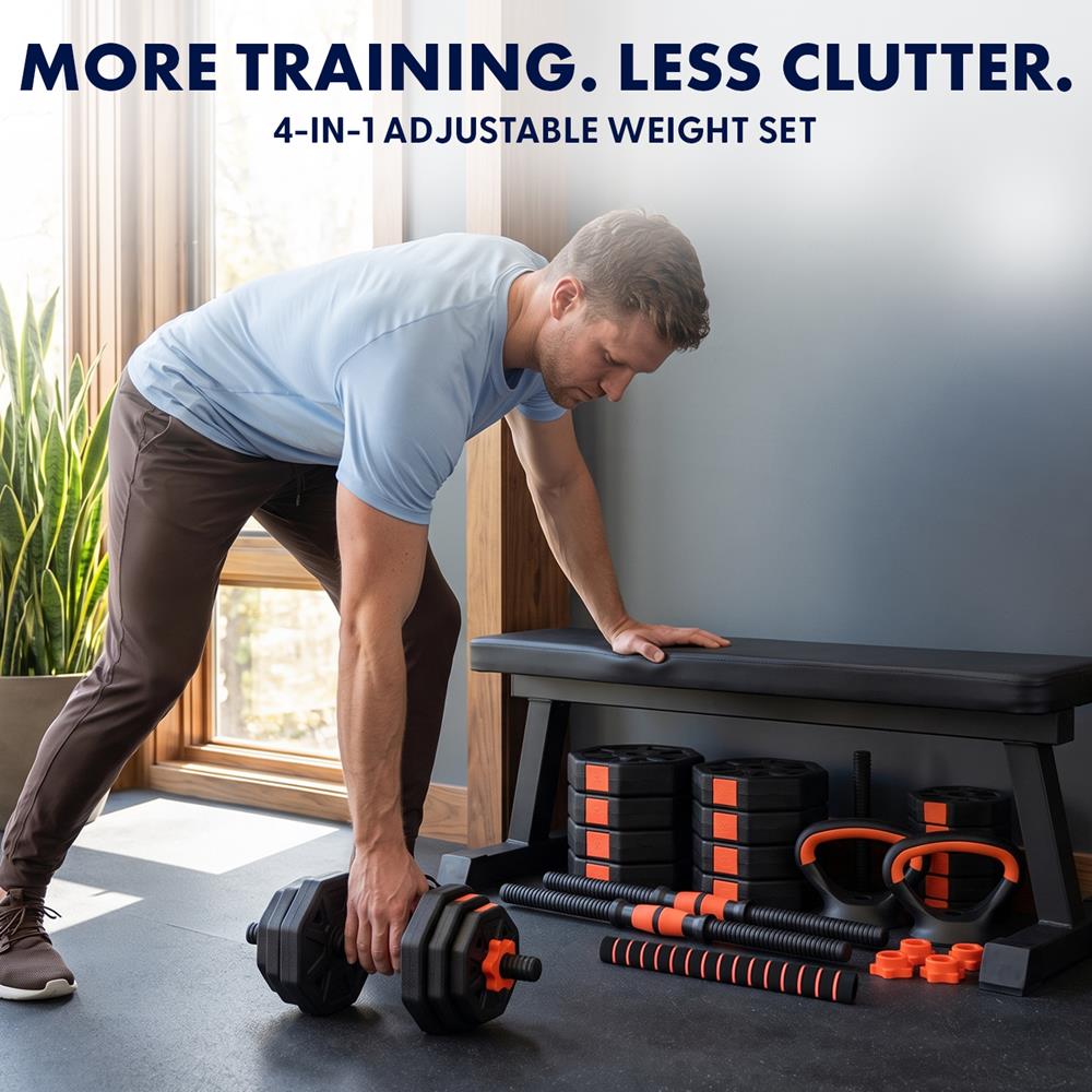 Squatz 4-In-1 Multifunctional 70 Lbs Adjustable Octagon Dumbbell Set With Barbell Connector, Kettlebell Handle, And Push-Up Handles For Home Gym Strength Training (Black And Red)