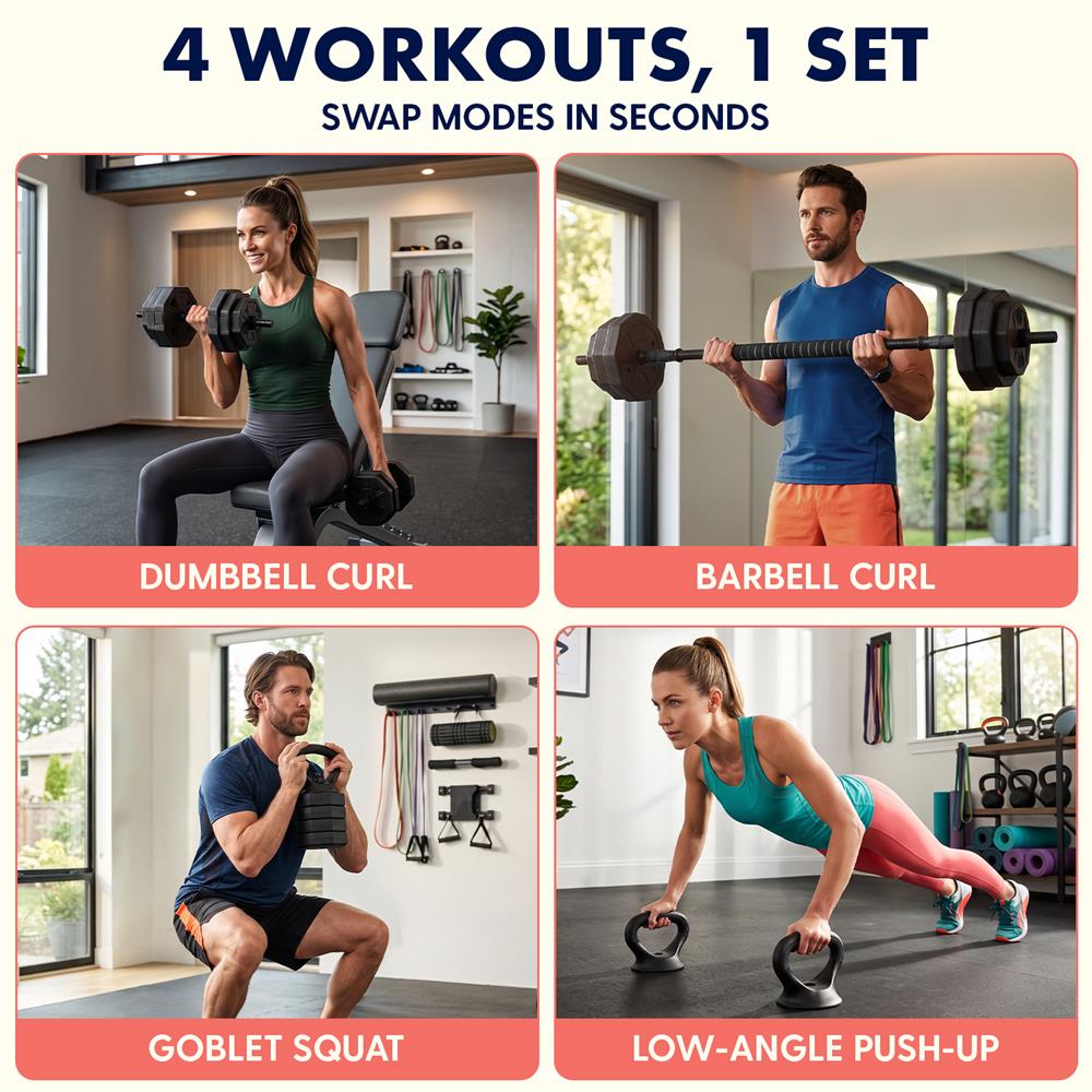 Squatz 4-In-1 Multifunctional 90 Lbs Adjustable Octagon Dumbbell Set With Barbell Connector, Kettlebell Handle, And Push-Up Handles For Home Gym Strength Training (Black)