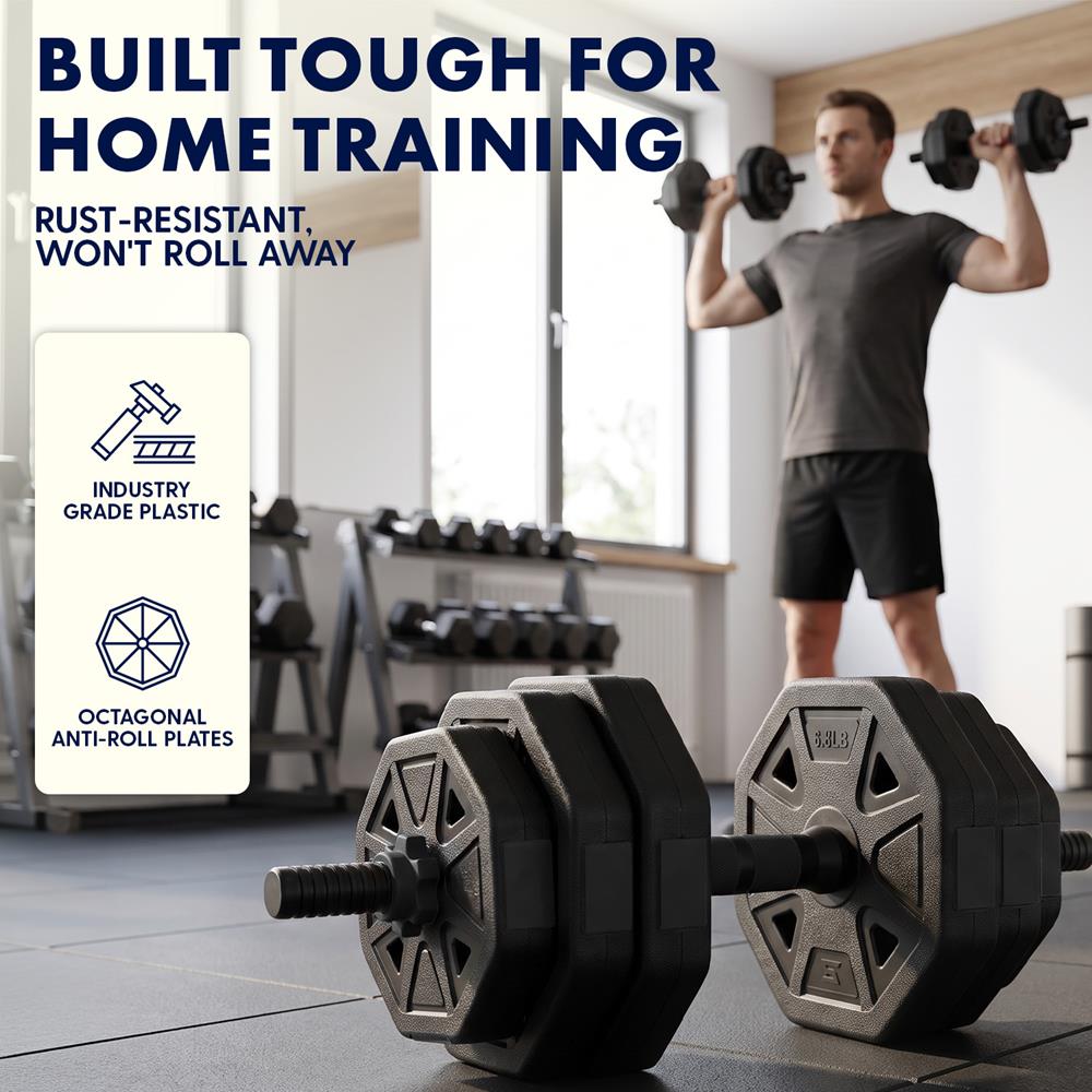 Squatz 4-In-1 Multifunctional 90 Lbs Adjustable Octagon Dumbbell Set With Barbell Connector, Kettlebell Handle, And Push-Up Handles For Home Gym Strength Training (Black)