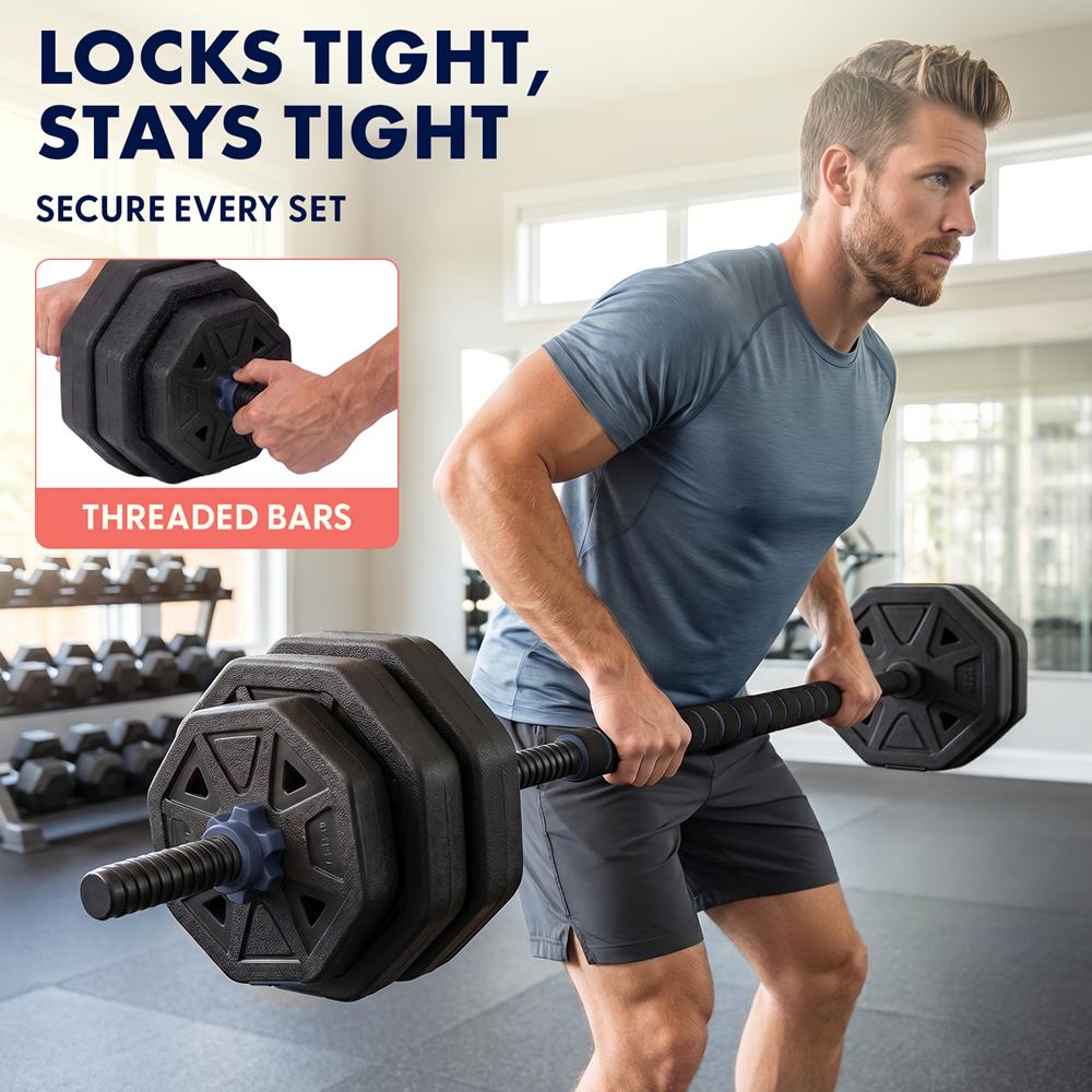 Squatz 4-In-1 Multifunctional 90 Lbs Adjustable Octagon Dumbbell Set With Barbell Connector, Kettlebell Handle, And Push-Up Handles For Home Gym Strength Training (Black And Navy)