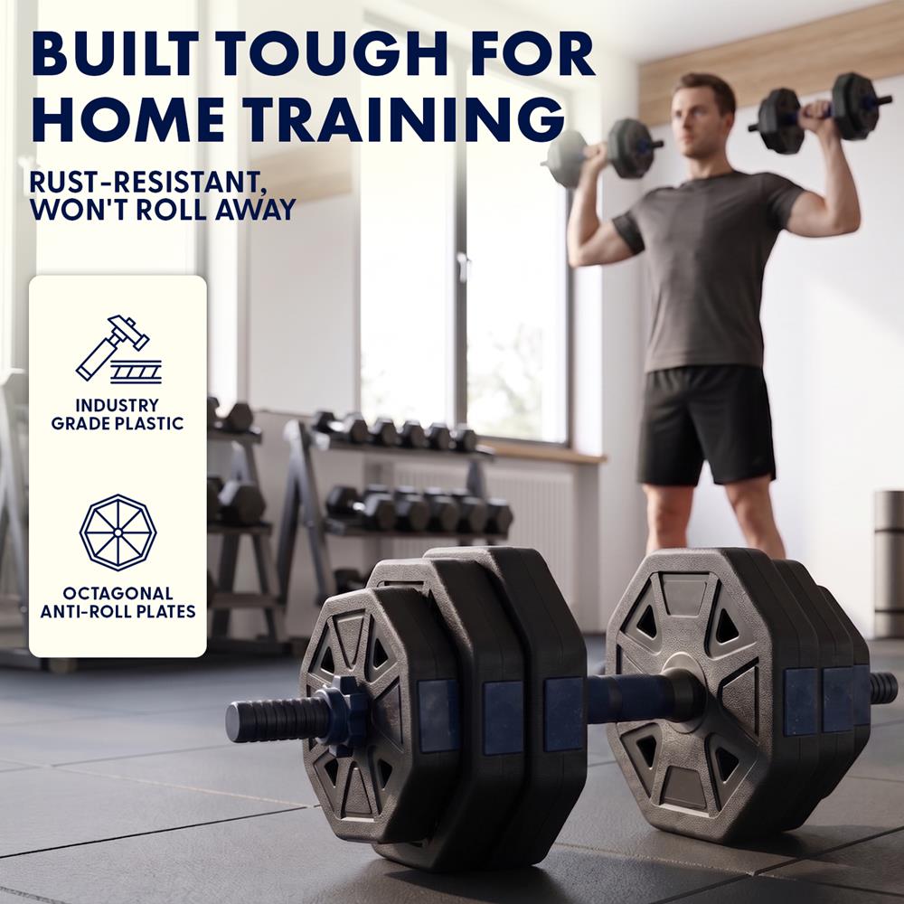 Squatz 4-In-1 Multifunctional 90 Lbs Adjustable Octagon Dumbbell Set With Barbell Connector, Kettlebell Handle, And Push-Up Handles For Home Gym Strength Training (Black And Navy)