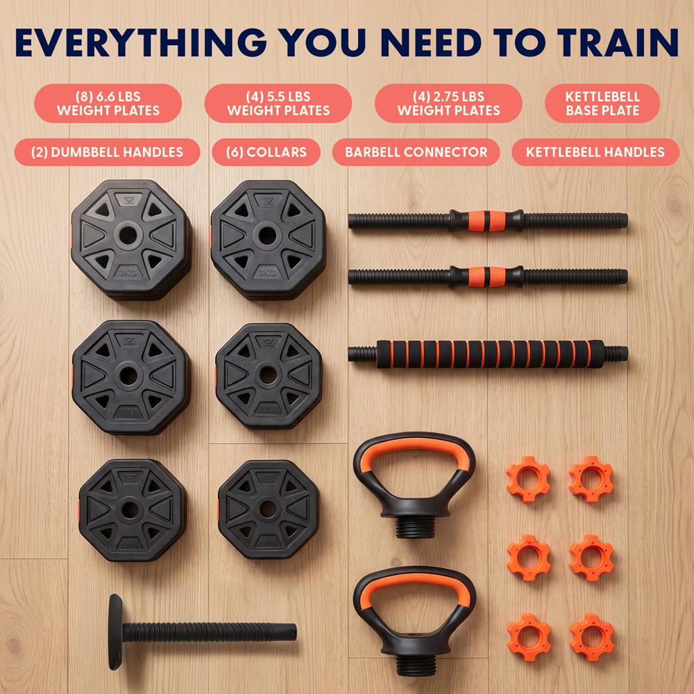 Squatz 4-In-1 Multifunctional 90 Lbs Adjustable Octagon Dumbbell Set With Barbell Connector, Kettlebell Handle, And Push-Up Handles For Home Gym Strength Training (Black And Red)