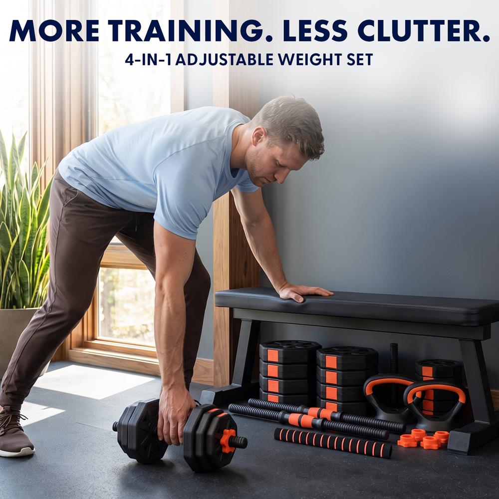 Squatz 4-In-1 Multifunctional 90 Lbs Adjustable Octagon Dumbbell Set With Barbell Connector, Kettlebell Handle, And Push-Up Handles For Home Gym Strength Training (Black And Red)