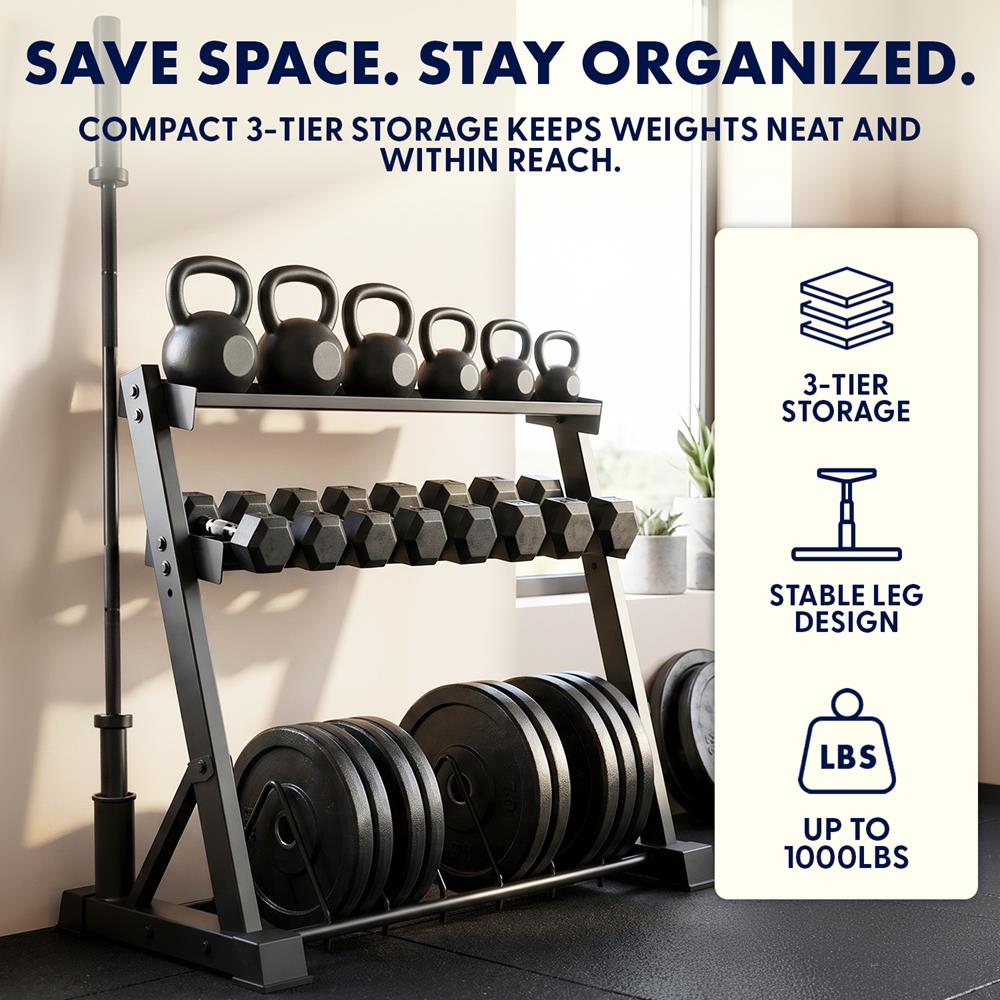 Squatz 3-Tier Dumbbell Rack - Heavy-Duty 3-Tier Dumbbells, Kettlebells, Bars, And Weight Plates Storage Organizer With Anti-Slip Shelves For Home Gym Or Commercial Fitness Use