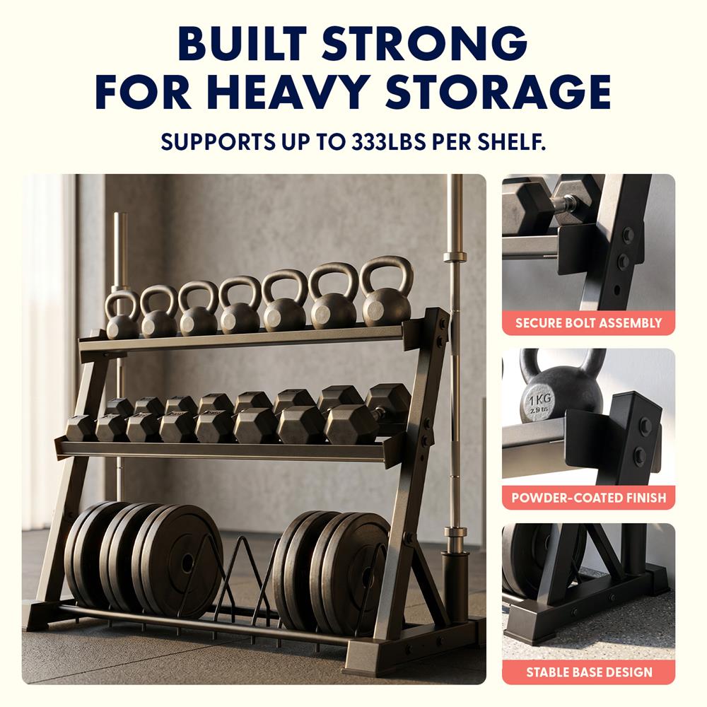 Squatz 3-Tier Dumbbell Rack - Heavy-Duty 3-Tier Dumbbells, Kettlebells, Bars, And Weight Plates Storage Organizer With Anti-Slip Shelves For Home Gym Or Commercial Fitness Use