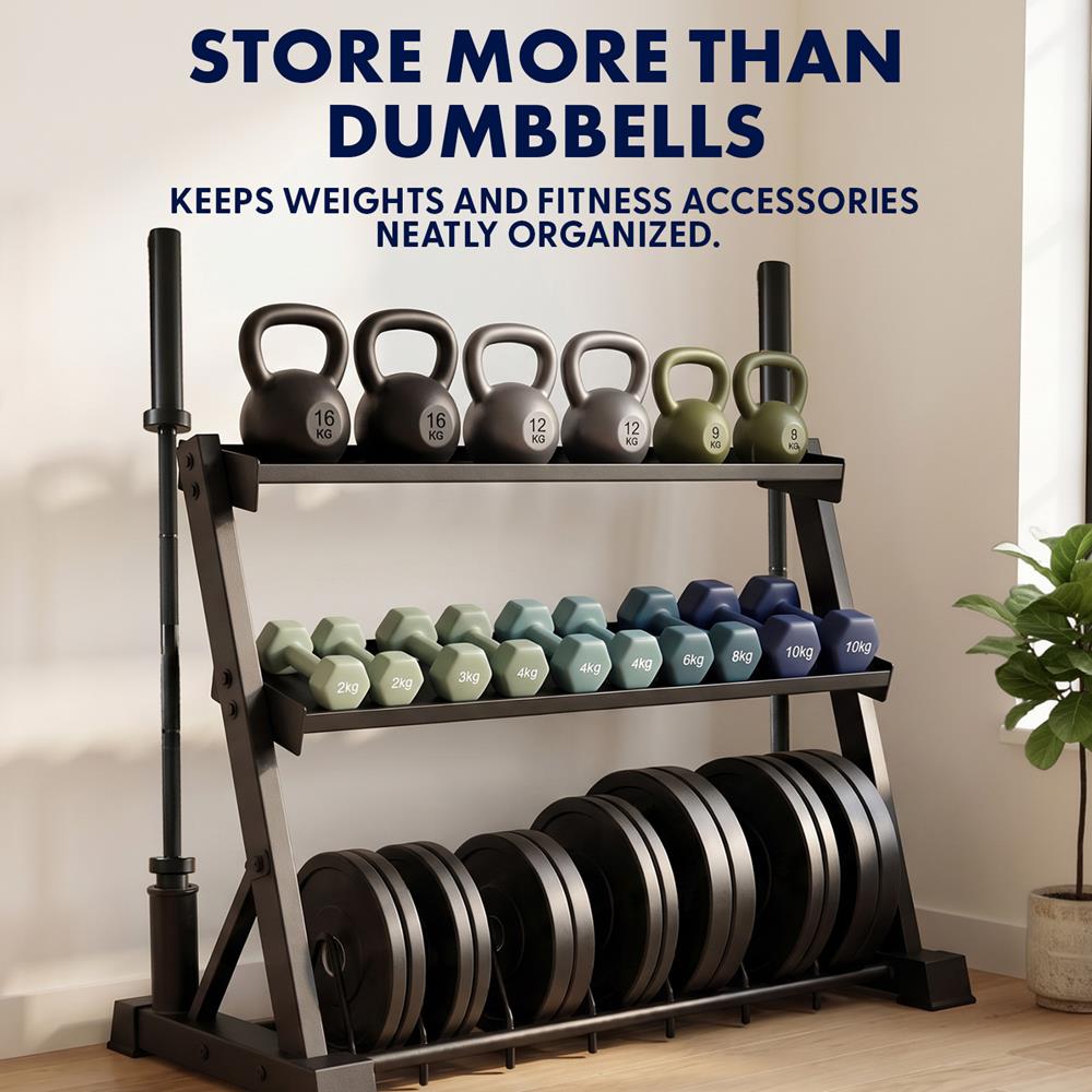 Squatz 3-Tier Dumbbell Rack - Heavy-Duty 3-Tier Dumbbells, Kettlebells, Bars, And Weight Plates Storage Organizer With Anti-Slip Shelves For Home Gym Or Commercial Fitness Use
