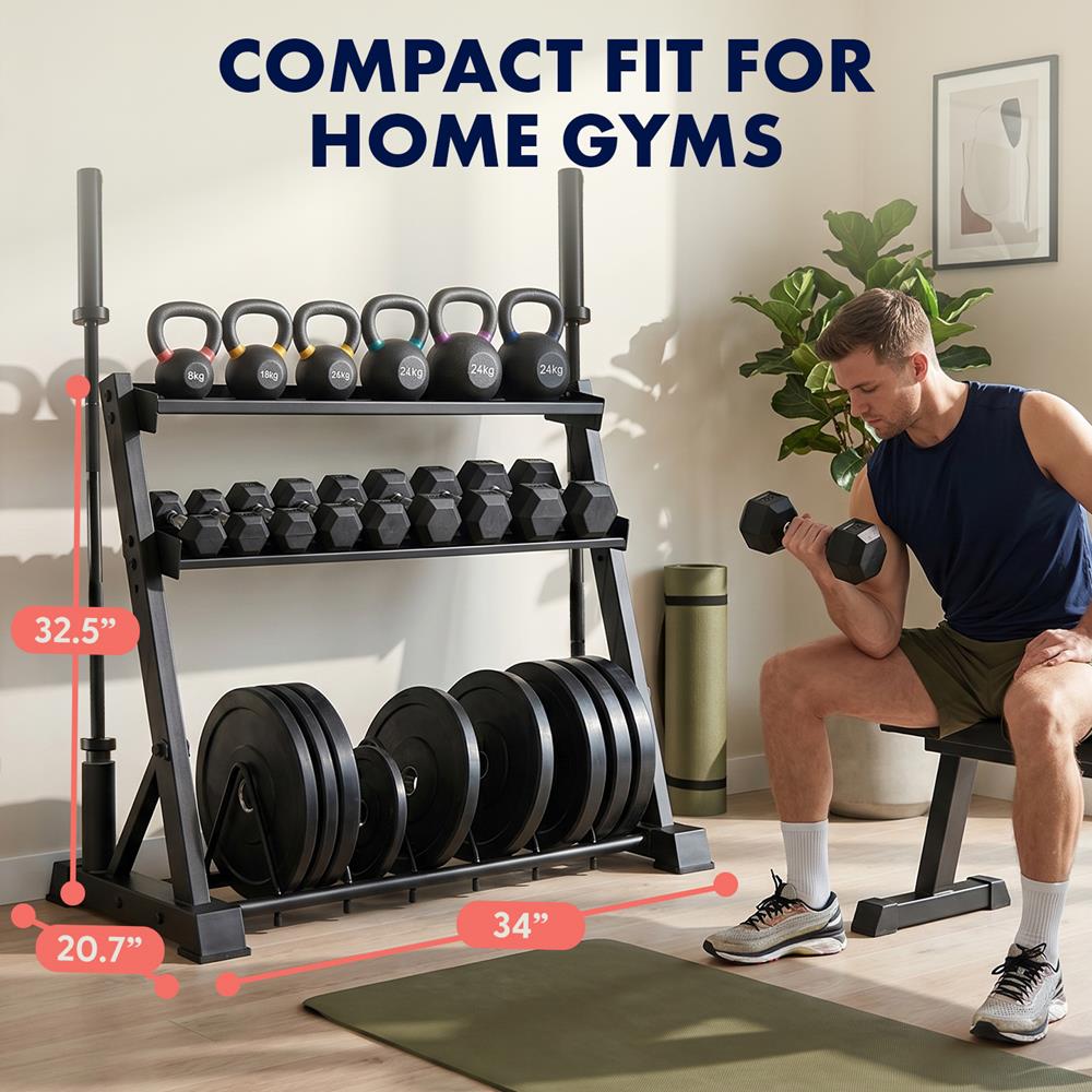 Squatz 3-Tier Dumbbell Rack - Heavy-Duty 3-Tier Dumbbells, Kettlebells, Bars, And Weight Plates Storage Organizer With Anti-Slip Shelves For Home Gym Or Commercial Fitness Use