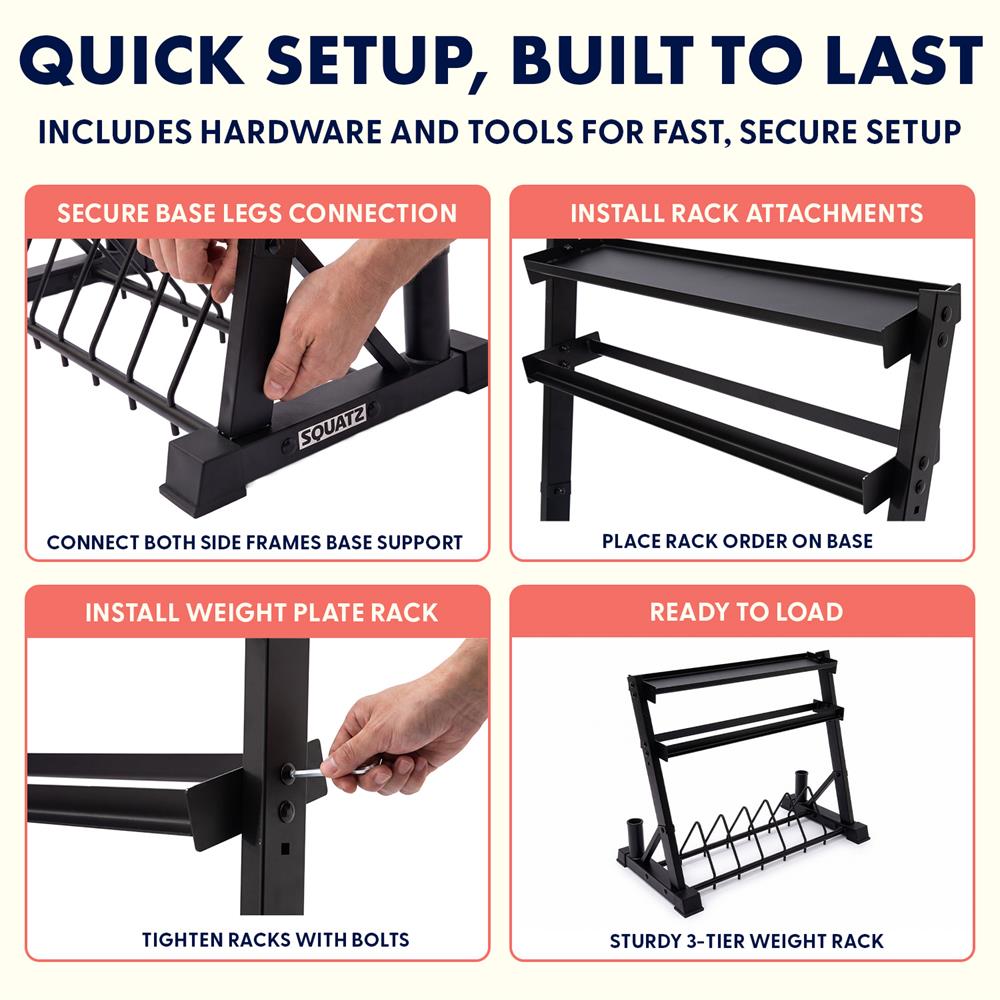 Squatz 3-Tier Dumbbell Rack - Heavy-Duty 3-Tier Dumbbells, Kettlebells, Bars, And Weight Plates Storage Organizer With Anti-Slip Shelves For Home Gym Or Commercial Fitness Use