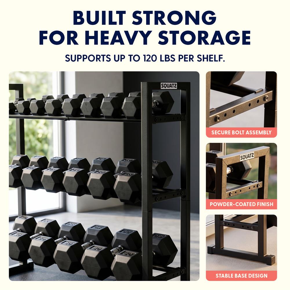 Squatz 3-Tier Dumbbell Rack - Heavy-Duty Adjustable Depth 3-Tier Weight Storage Organizer For Home Gym Or Commercial Fitness Use