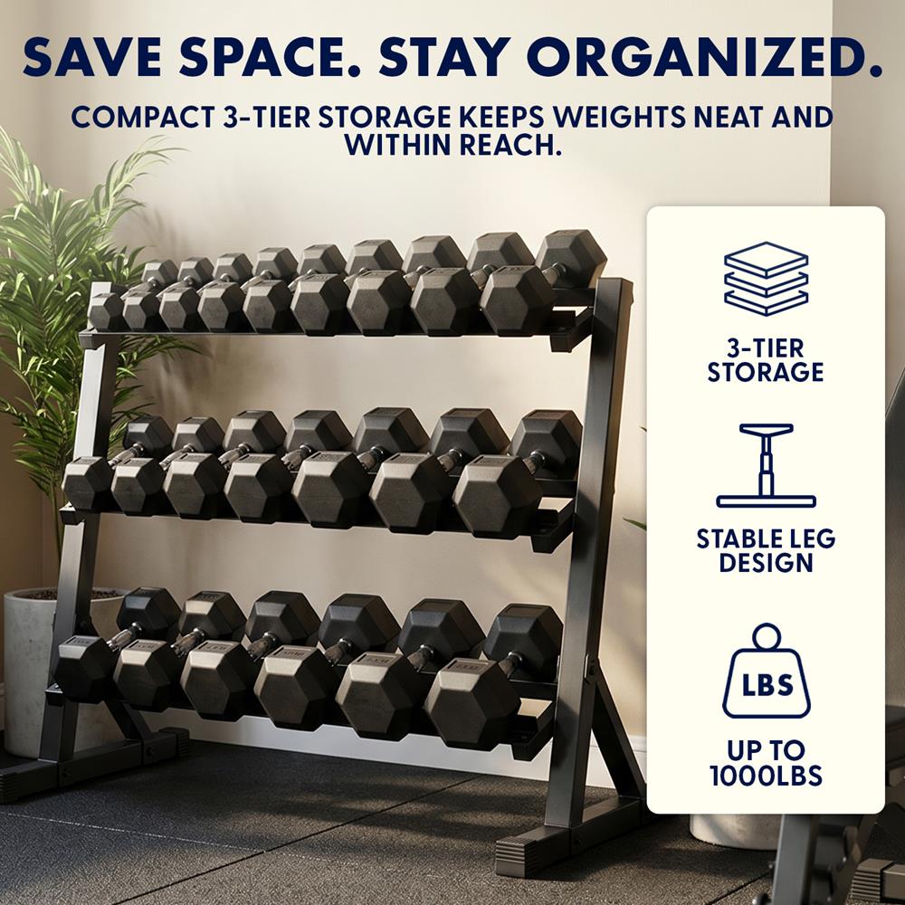 Squatz 3-Tier Dumbbell Rack - Heavy-Duty 3-Tier Weight Storage Organizer With Anti-Slip Shelves For Home Gym Or Commercial Fitness Use