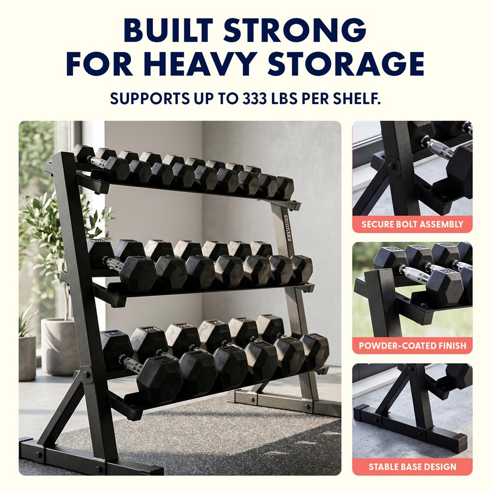 Squatz 3-Tier Dumbbell Rack - Heavy-Duty 3-Tier Weight Storage Organizer With Anti-Slip Shelves For Home Gym Or Commercial Fitness Use
