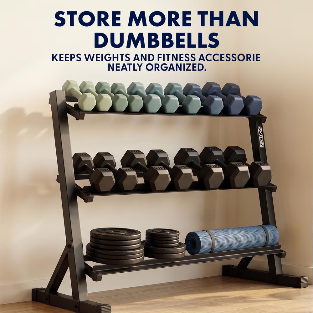 Squatz 3-Tier Dumbbell Rack - Heavy-Duty 3-Tier Weight Storage Organizer With Anti-Slip Shelves For Home Gym Or Commercial Fitness Use