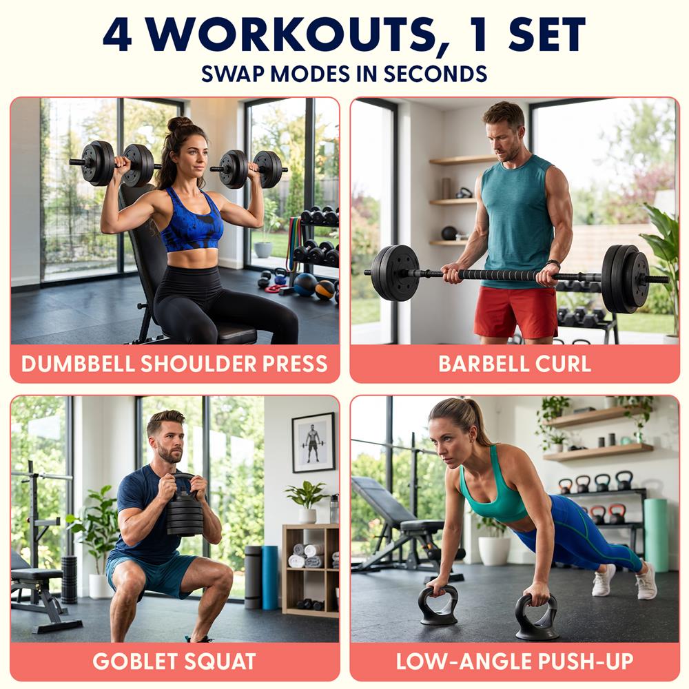Squatz 4-In-1 Multifunctional 45 Lbs Adjustable Dumbbell Set With  Barbell Connector, Kettlebell Handle And Push-Up Handles For Home Gym Strength Training (Black)
