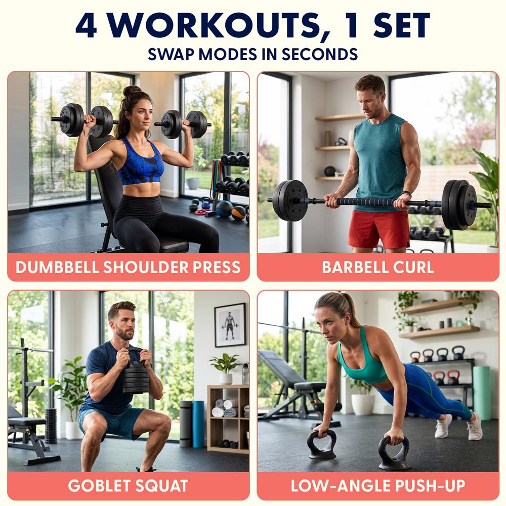 Squatz 4-In-1 Multifunctional 45 Lbs Adjustable Dumbbell Set With  Barbell Connector, Kettlebell Handle And Push-Up Handles For Home Gym Strength Training (Black And Navy)