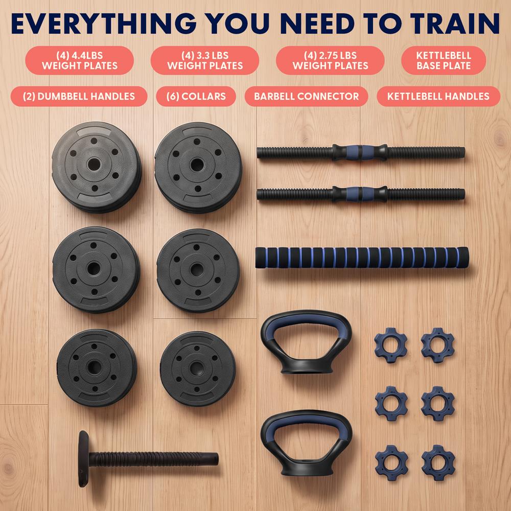 Squatz 4-In-1 Multifunctional 45 Lbs Adjustable Dumbbell Set With  Barbell Connector, Kettlebell Handle And Push-Up Handles For Home Gym Strength Training (Black And Navy)