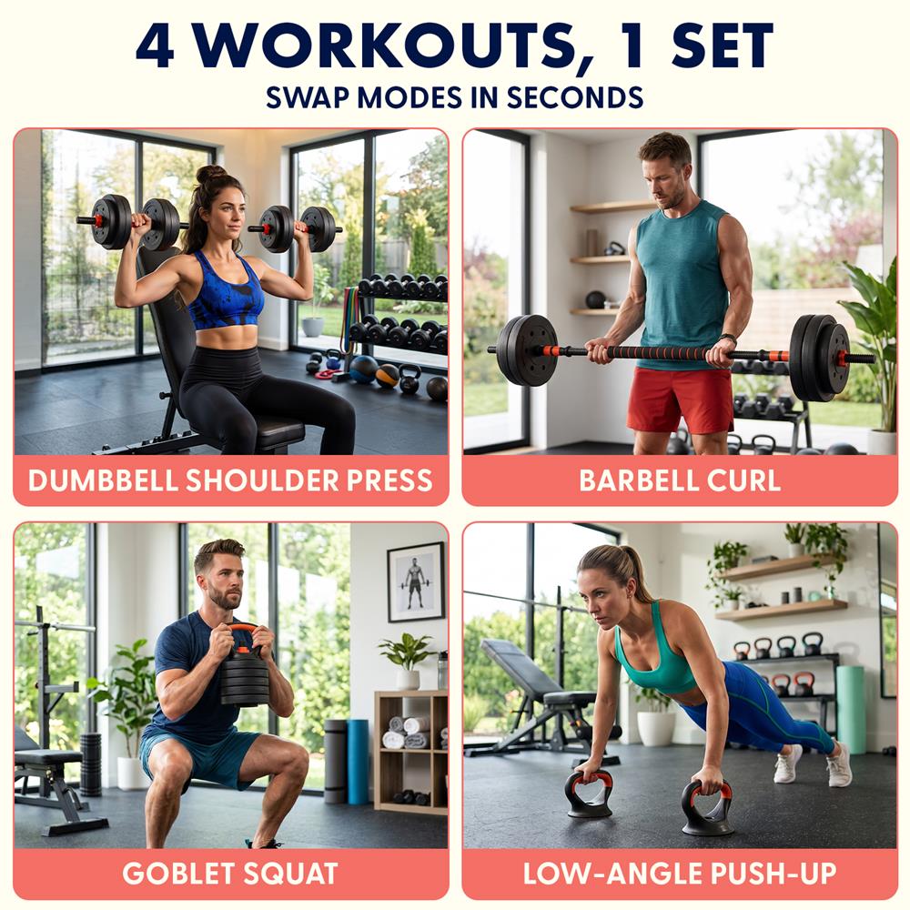 Squatz 4-In-1 Multifunctional 70Lbs Adjustable Dumbbell Set With  Barbell Connector, Kettlebell Handle And Push-Up Handles For Home Gym Strength Training (Black And Red)