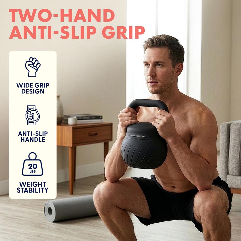Squatz 20-Lb Soft Drop Kettlebell With Extra-Wide Handle And Sand-Filled Cushioned Base For Home Gym & Strength Training (Black)