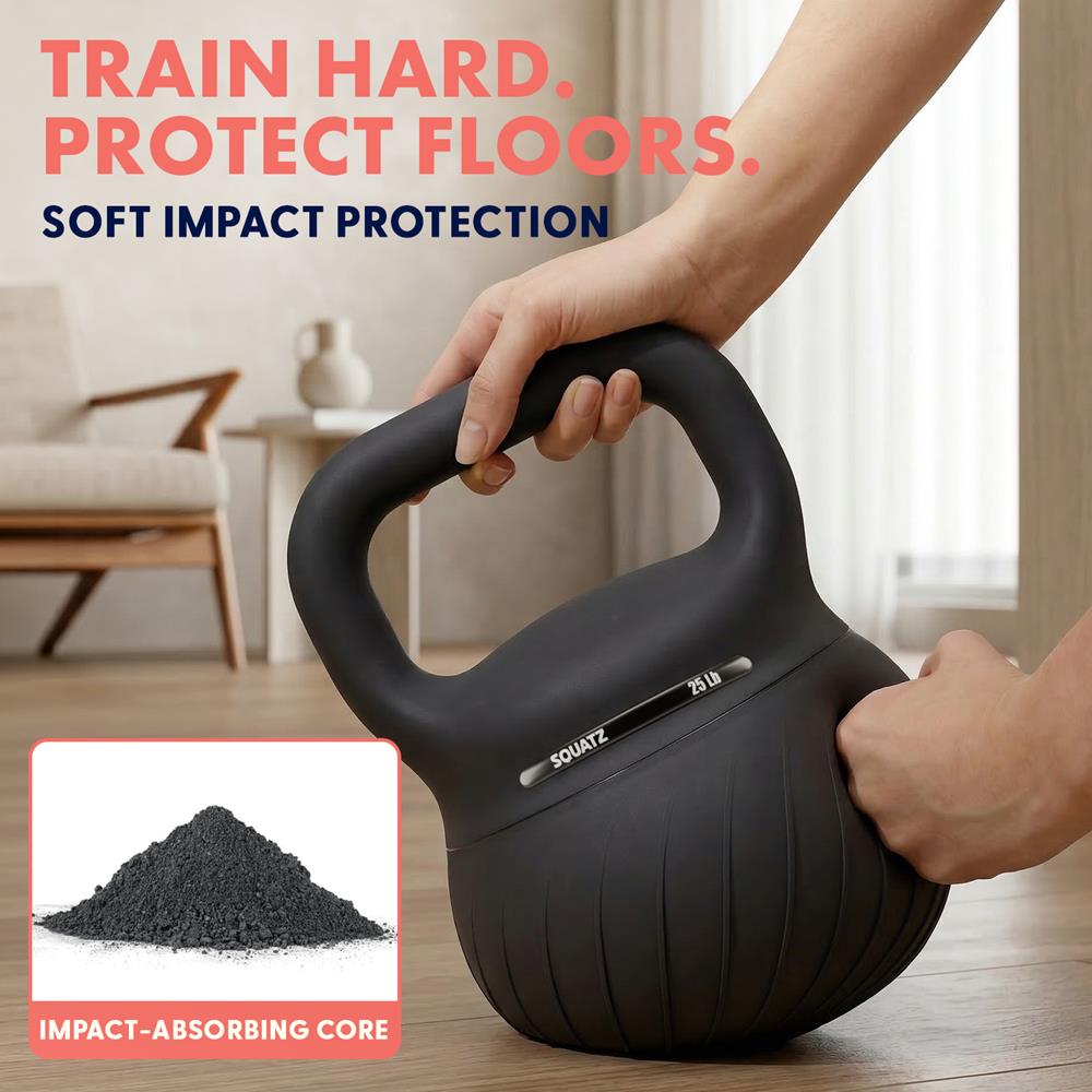 Squatz 25-Lb Soft Drop Kettlebell With Extra-Wide Handle And Sand-Filled Cushioned Base For Home Gym & Strength Training (Black)