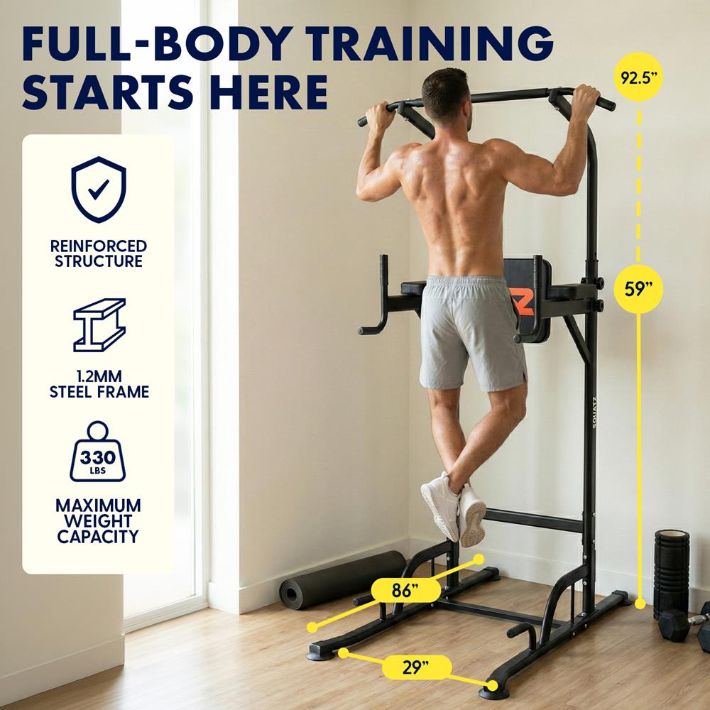 Squatz Power Tower Pull Up Workout Station With 6 Adjustable Height Levels And 330 Lbs. Weight Capacity For Home Gym & Strength Training (Black)