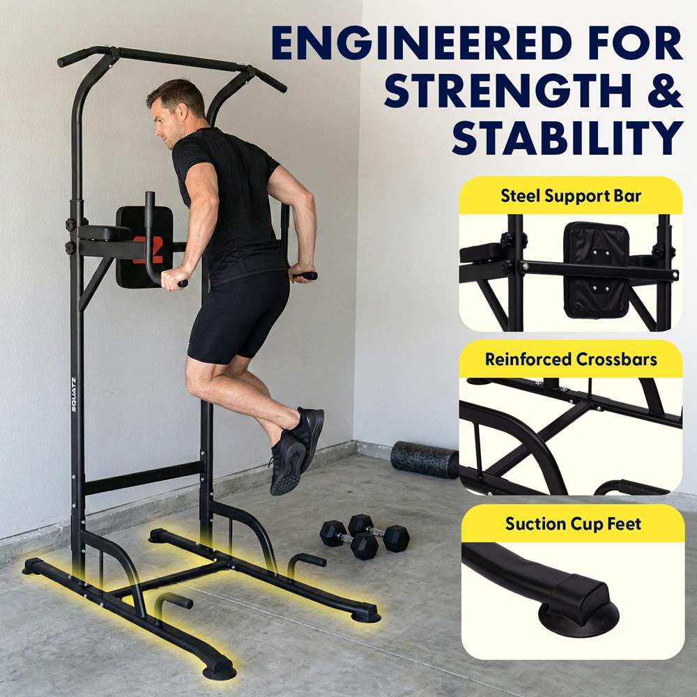 Squatz Power Tower Pull Up Workout Station With 6 Adjustable Height Levels And 330 Lbs. Weight Capacity For Home Gym & Strength Training (Black)