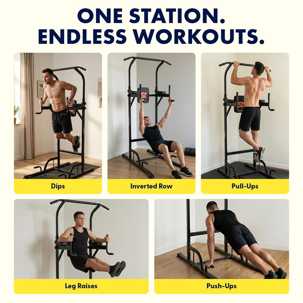 Squatz Power Tower Pull Up Workout Station With 6 Adjustable Height Levels And 330 Lbs. Weight Capacity For Home Gym & Strength Training (Black)